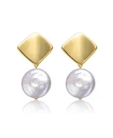 Genevive Sterling Silver 14k Yellow Gold Plated with White Coin Fresh water Pearl Double Dangle Square Earrings