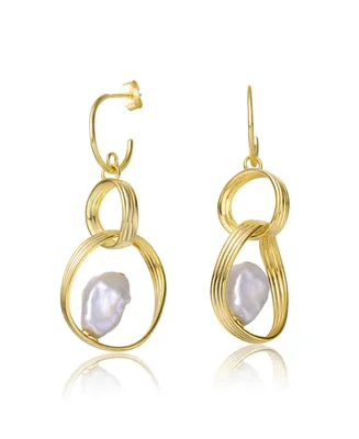 Genevive Sterling Silver 14k Yellow Gold Plated with Baroque White Freshwater Pearl Double Drop Half-Hoop Dangle Earrings