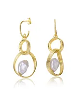 Genevive Sterling Silver 14k Yellow Gold Plated with Baroque White Freshwater Pearl Double Drop Half-Hoop Dangle Earrings