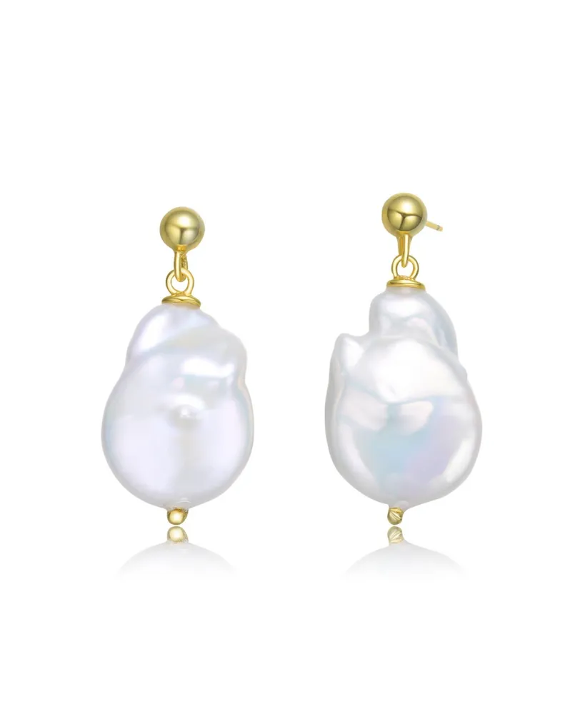 Genevive Elegant Sterling Silver 14K Gold Plating and Genuine Freshwater Pearl Dangling Earrings