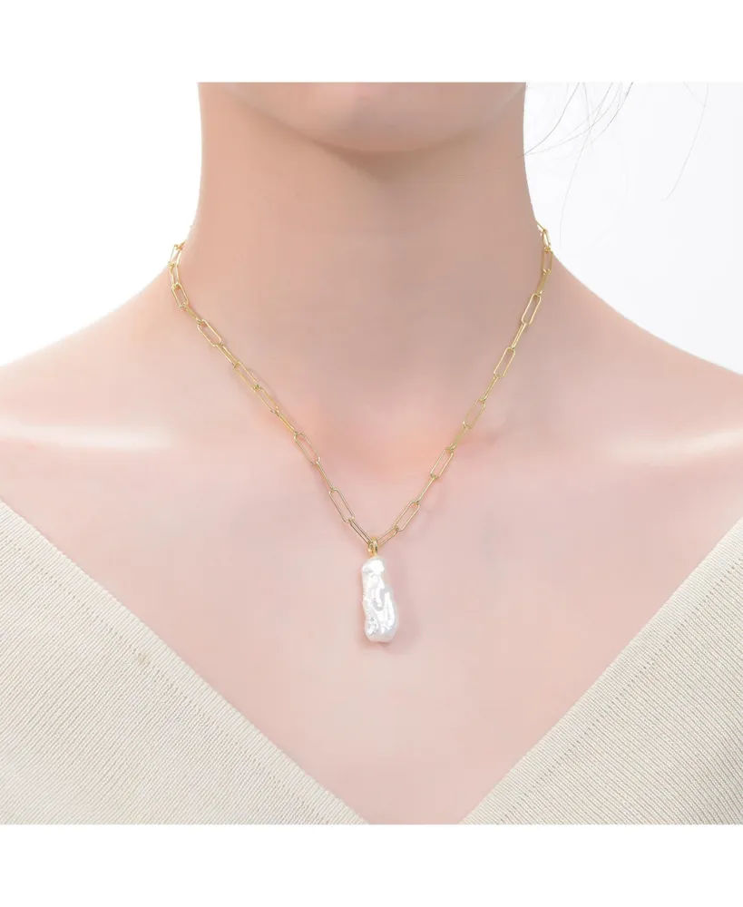 Genevive 14k Yellow Gold Plated with Free-Form Baroque Genuine Freshwater White Pearl Pendant Cable Layering Necklace in Sterling SIlver