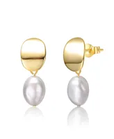 Genevive Sterling Silver 14k Yellow Gold Plated Oval White Freshwater Pearl Drop Medallion Dangle Earrings