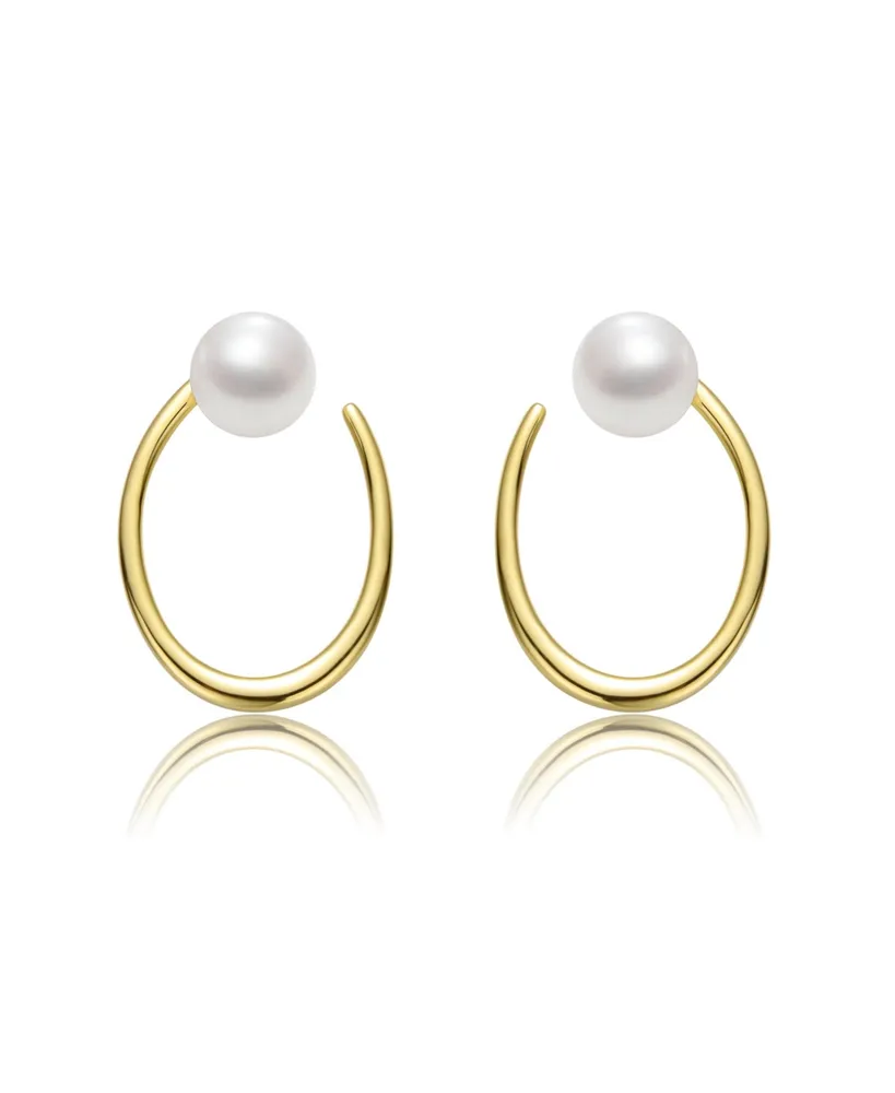 Genevive Sterling Silver 14k Yellow Gold Plated with White Freshwater Pearl Oblong Oval Halo Hoop Dangle Earrings