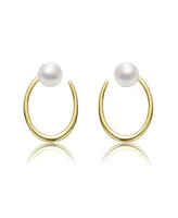 Genevive Sterling Silver 14k Yellow Gold Plated with White Freshwater Pearl Oblong Oval Halo Hoop Dangle Earrings