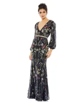 Women's Embellished Wrap Over Bishop Sleeve Gown