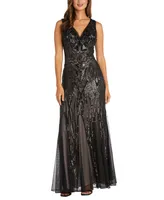 R & M Richards Women's Sequined V-Neck Godet Gown