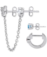 3-Pc. Set Multi-Stone Single Stud, Huggie Hoops, & Butterfly Chain Earrings (5/8 ct. t.w.) in Sterling Silver