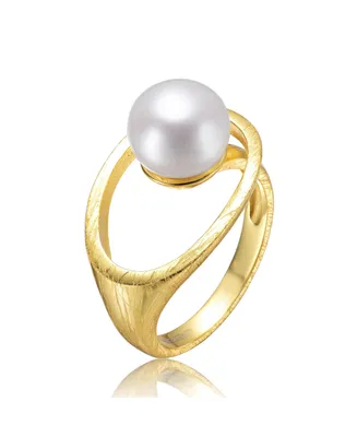 Sterling Silver 14K Gold Plated with Genuine Freshwater Round Pearl Contemporary Ring