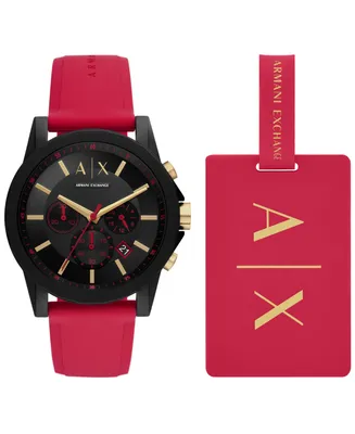 A|X Armani Exchange Men's Outerbanks Chronograph Red Silicone Watch 44mm Set, 2 Pieces