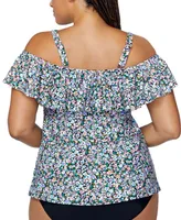 Raisins Curve Trendy Plus Size Tortuga Ruffled Off-The-Shoulder Tankini Top