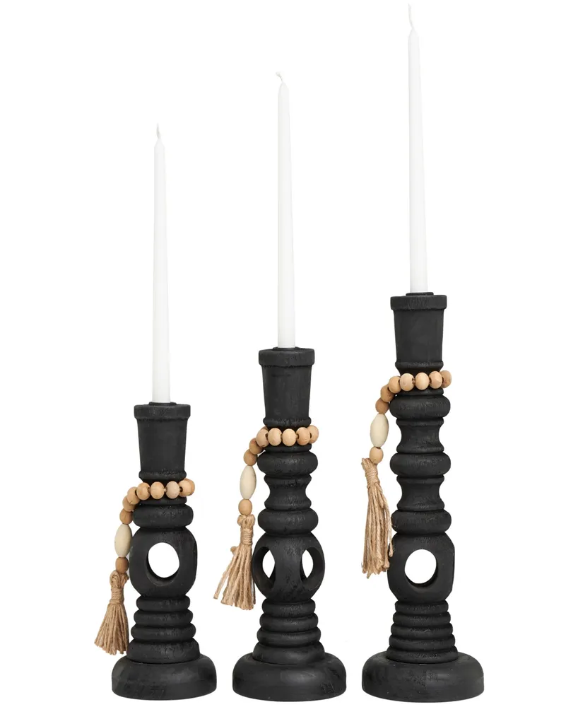 Rosemary Lane Wood Handmade Textured Matte Candle Holder with Beaded  Garland Accent 14, 12 and 10 H, Set of 3