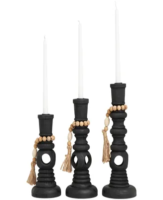 Wood Handmade Textured Matte Candle Holder with Beaded Garland Accent 14", 12" and 10" H, Set of 3