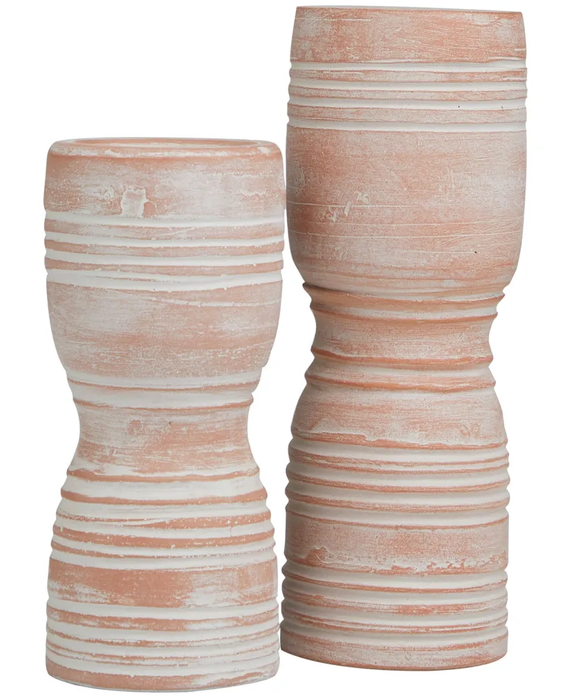 Ceramic Whitewashed Ribbed Terracotta Candle Holder 11" and 9" H, Set of 2