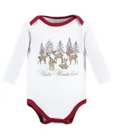 Hudson Baby Girls Cotton Long-Sleeve Bodysuits Holiday Village, 3-Pack
