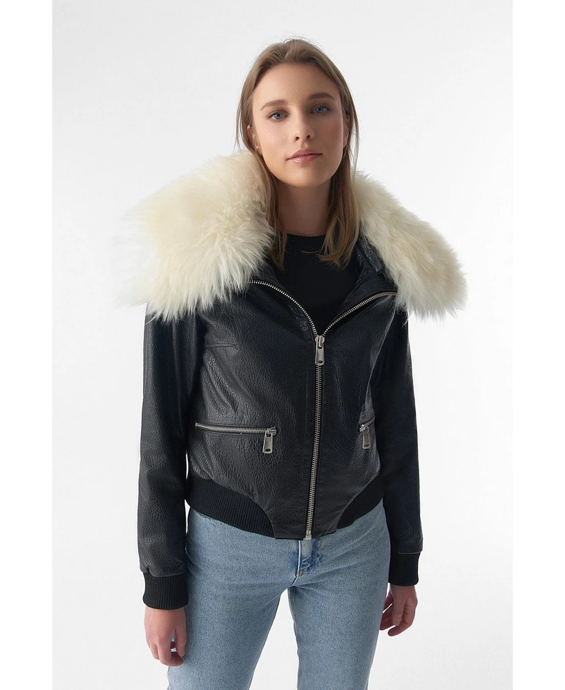 Furniq Uk Women's Detachable Natural Shearling Collar Bomber Jacket