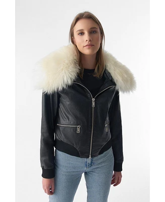 Furniq Uk Women's Detachable Natural Shearling Collar Bomber Jacket