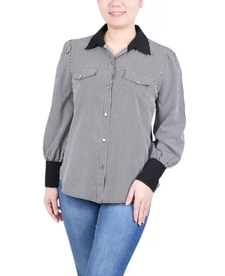Ny Collection Petite Long Sleeve Striped Button Front Blouse
