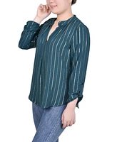 Ny Collection Petite Long Sleeve Foil Striped Blouse