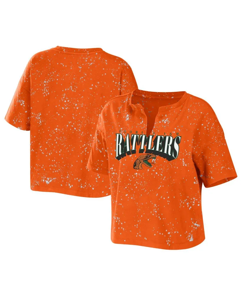 Women's Wear by Erin Andrews Orange Florida A&M Rattlers Bleach Wash Splatter Cropped Notch Neck T-shirt