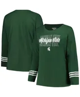 Women's Profile Green Michigan State Spartans Plus Size Triple Script Crew Neck Long Sleeve T-shirt