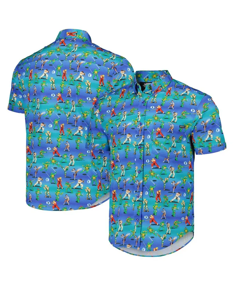 Men's and Women's Rsvlts Blue Teenage Mutant Ninja Turtles vs. Street Fighter Battle of the Bits Kunuflex Button-Down Shirt