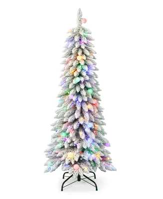 Seasonal Snow Kissed Pine 5' Pre-Lit Flocked Pvc Slim Tree with Metal Stand, 388 Tips, 150 Led Lights