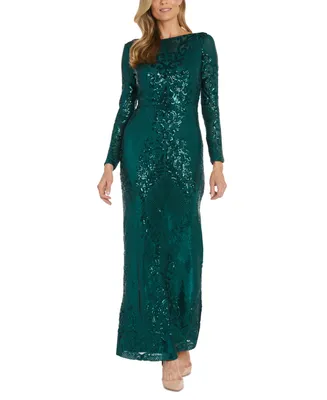 Nightway Women's Sequin Long-Sleeve Illusion Gown