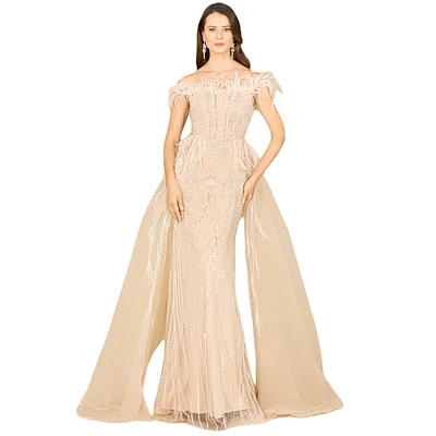 Lara Women's Off Shoulder Gown with Feathers