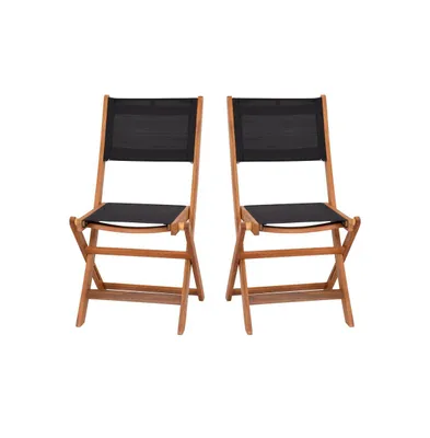 Merrick Lane Stora Set Of 2 Indoor/Outdoor Acacia Wood Folding Patio Bistro Chairs With Textilene Mesh Back And Seat