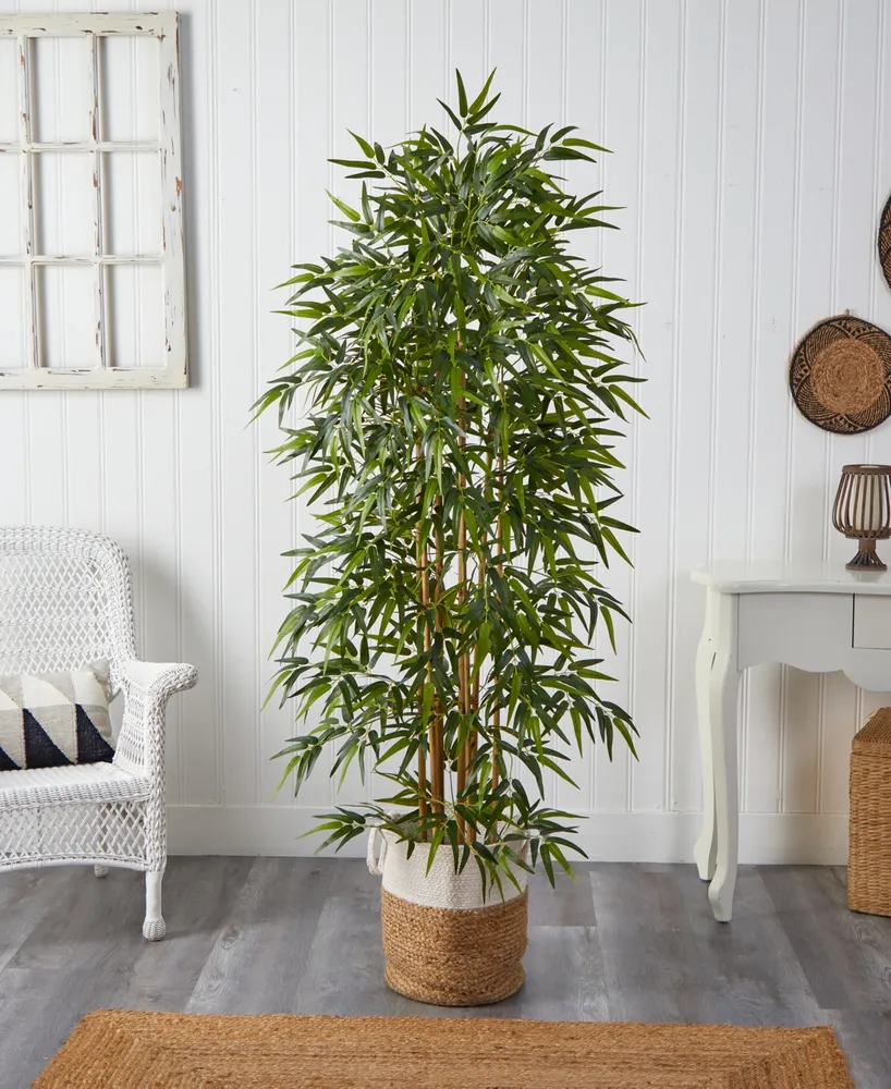 Nearly Natural 72" Artificial Bamboo (Poaceae) Tree with Handmade Jute Cotton Basket