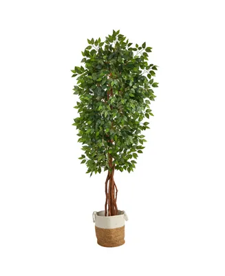 Nearly Natural 90" Artificial Deluxe Ficus Tree with Handmade Jute Cotton Basket