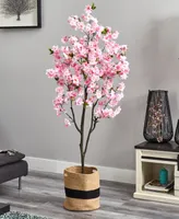 Nearly Natural 72" Artificial Cherry Blossom Tree with Handmade Jute Cotton Basket