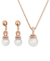 Swarovski Rose Gold-Tone Pave & Imitation Pearl Pendant Necklace & Charm-Accent Hoop Earrings Set