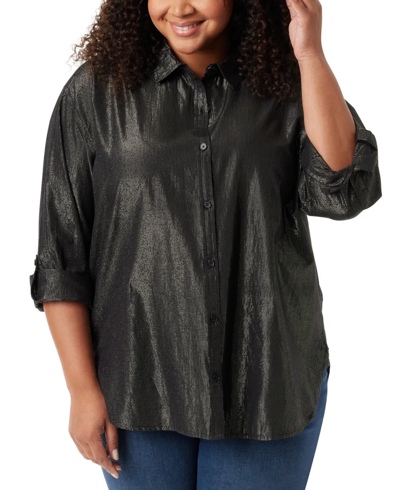 Gloria Vanderbilt Plus Metallic-Threaded Amanda Button-Down Collared Shirt