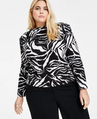 Bar Iii Plus Printed Cotton Pleated-Shoulder Top, Created for Macy's