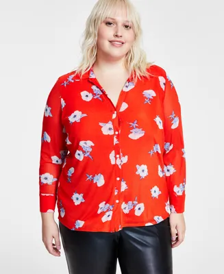 Bar Iii Plus Floral-Print Mesh Shirt, Created for Macy's