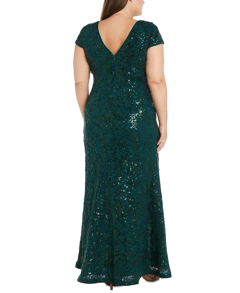 R & M Richards Plus Size Sequined Lace Empire-Waist Gown