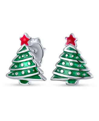 Bling Jewelry Small Fun Winter Holiday Red Star Enamel Green Christmas Tree Stud Earrings For Women Teens .925 Sterling Silver
