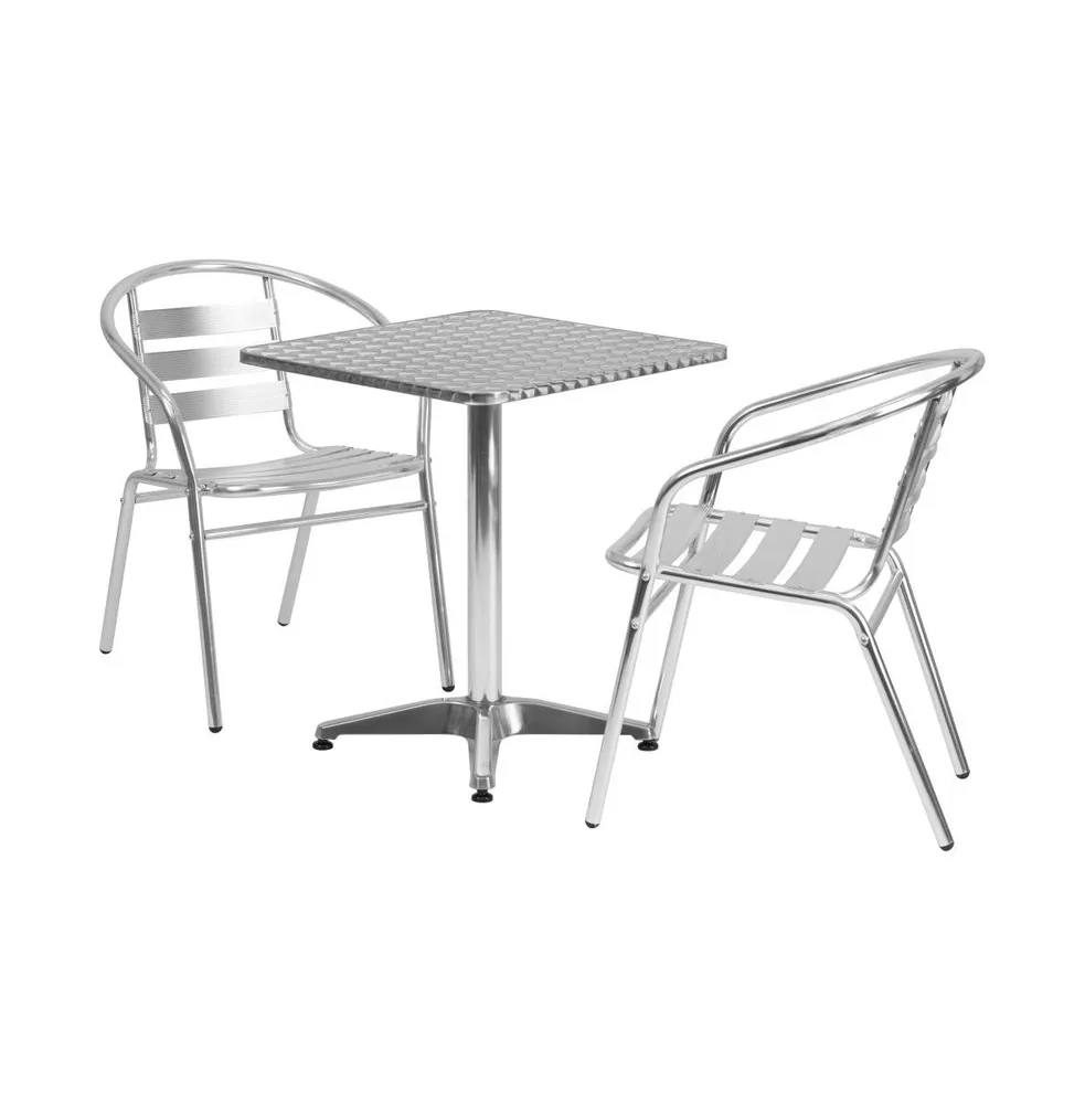 Emma+Oliver 23.5'' Square Aluminum Indoor-Outdoor Table Set With 2 Slat Back Chairs