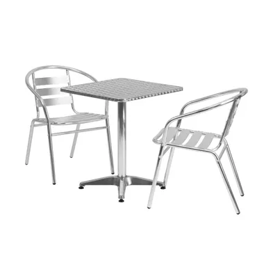 Emma+Oliver 23.5'' Square Aluminum Indoor-Outdoor Table Set With 2 Slat Back Chairs