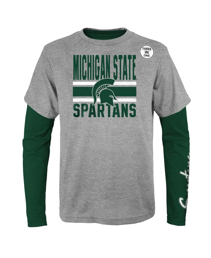 Preschool Boys and Girls Green, Heather Gray Michigan State Spartans Fan Wave Short Long Sleeve T-shirt Combo Pack