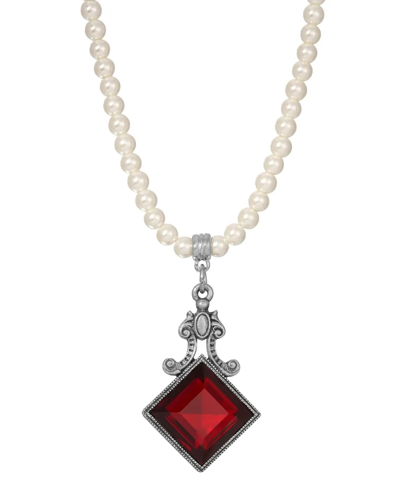 2028 Imitation Pearl Red Glass Pendant Necklace