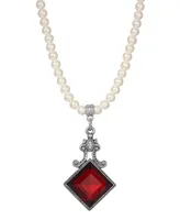2028 Imitation Pearl Red Glass Pendant Necklace
