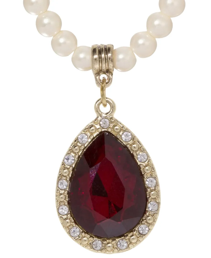 2028 Imitation Pearl Red Glass Crystal Pendant Necklace