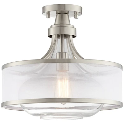 Possini Euro Design Layne Modern Ceiling Light Semi Flush-Mount Fixture 15" Wide Brushed Nickel Silver Organza Clear Glass Shade for Bedroom Kitchen L