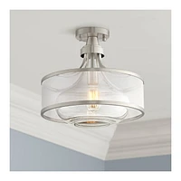 Possini Euro Design Layne Modern Ceiling Light Semi Flush-Mount Fixture 15" Wide Brushed Nickel Silver Organza Clear Glass Shade for Bedroom Kitchen L