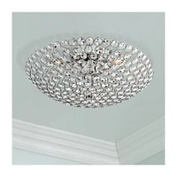 Possini Euro Design Geneva Luxury Close To Ceiling Light Flush Mount Fixture 16" Wide Chrome Clear Crystal Glass Beads Bowl Shade for Bedroom Hallway