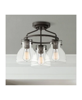 Possini Euro Design Bellis Industrial Rustic Farmhouse Ceiling Light Semi Flush-Mount Fixture 14 1/2" Wide Bronze 3-Light Clear Glass Shade for Bedroo