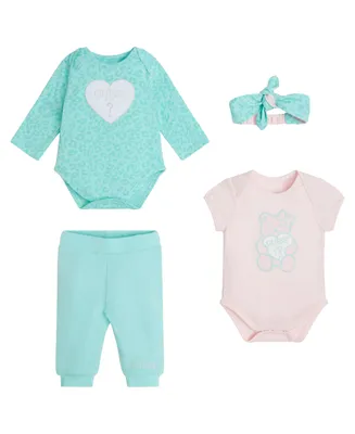 Guess Baby Girls Bodysuits with Reversible Joggers and Headband, 4 Piece Set