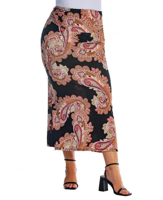 24seven Comfort Apparel Plus Paisley Fold Over Maxi Skirt